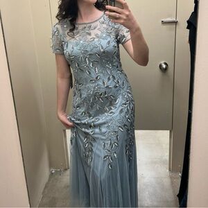 Adrianna Papell Light Blue Beaded Godet Floral Gown